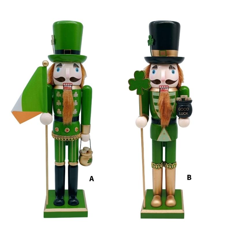 Traditional 38cm Wood Irish Nutcrackers Green Shamrock Soldier Figurines Patricks Day Puppet Home Office Tabletop Decors