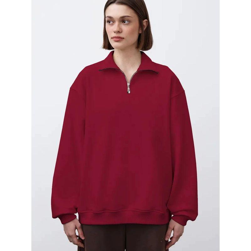

Solid Color Loose Half Zipper Top European and American Fashion Half Zipper Solid Over fit hoodie Wine Red (thin) thin M