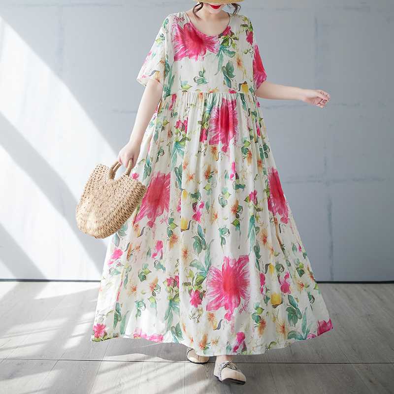 Women's Simple and Fashionable Long Skirt, Short Sleeved Round Neck Printed Dress