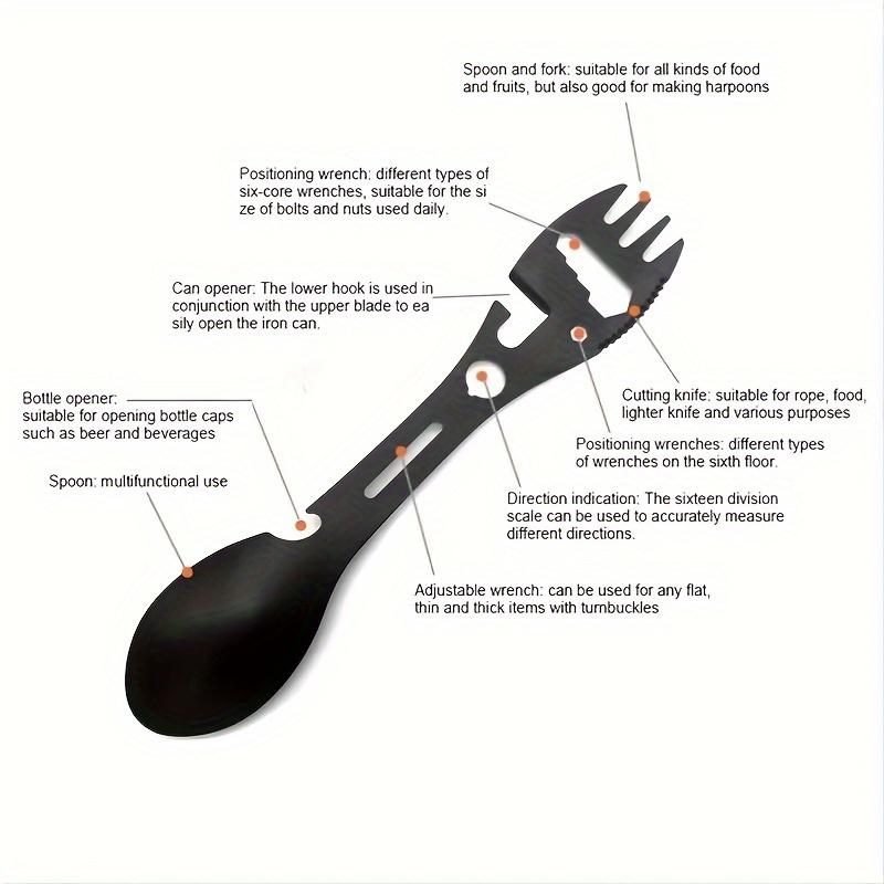 10-in-1 Multifunctional Camping Spork, Stainless Steel Spoon Fork with Cutter Can and Bottle Opener Wrench, Outdoor Hiking Travel Backpacking Flatware