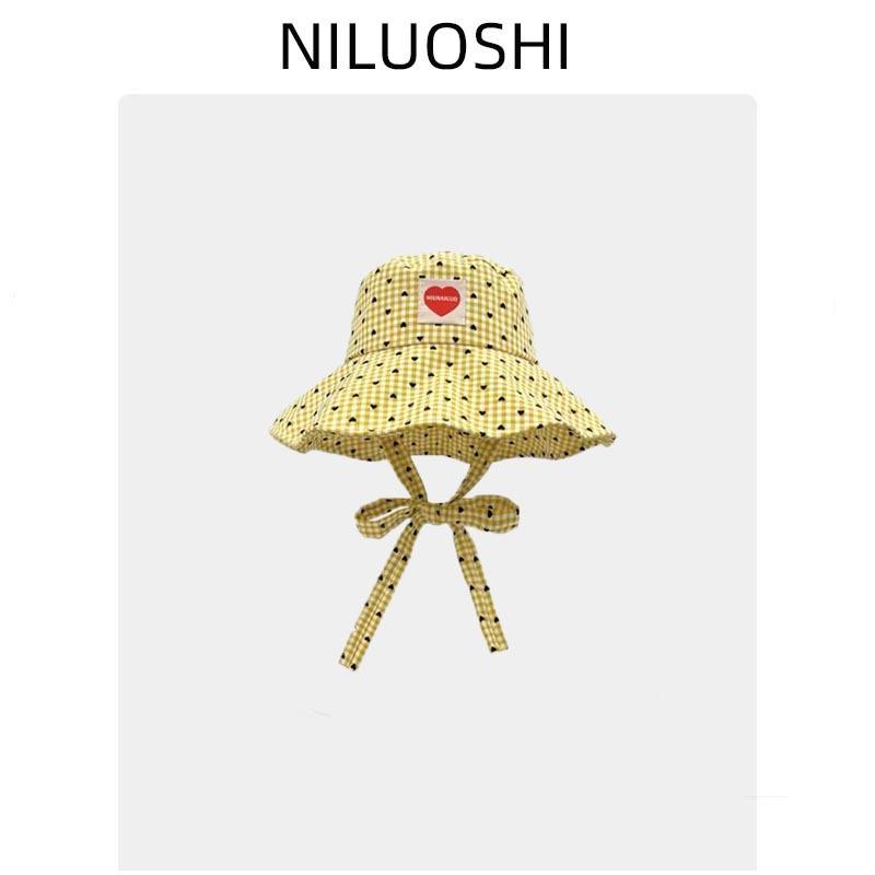 Sweet Love Plaid Bucket Hat Women's Spring Summer Foldable Large Brim Sunshade Sunscreen Washbasin Hat