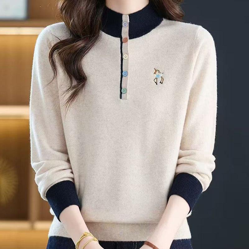 2026 Women's Stylish Loose Fit Color Block Embroidered Red Wool Sweater Base Layer