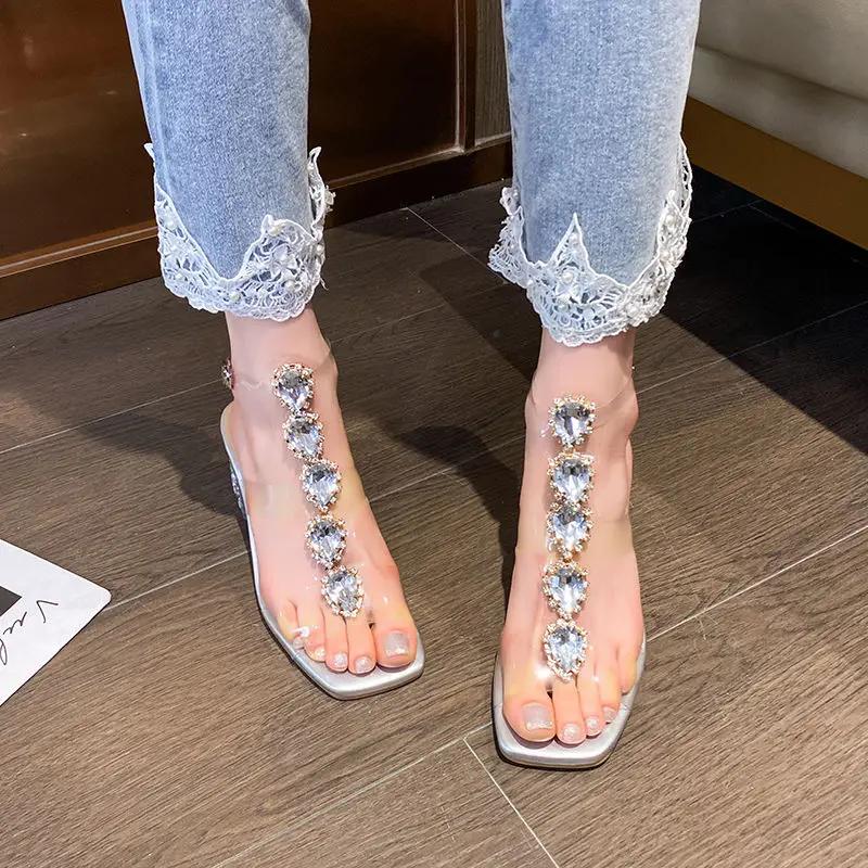 Plastic Sandal Block Heels Summer Sale Of Women's Shoes Suit Female Beige Buckle Strap All-Match Transparent Chunky Fashion