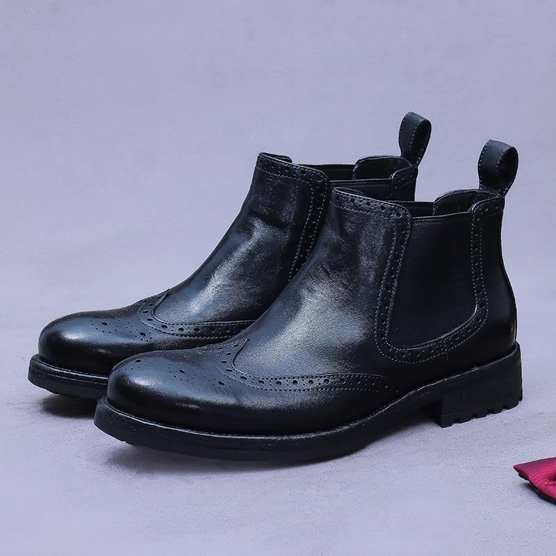 

Лошадиная кожа новые британские ретро гравированные кожаные подошвы Goodyear мужские ботинки высокие универсальные деловые трендовые увеличивающие рост кожаные туфли мужские 44 чёрный