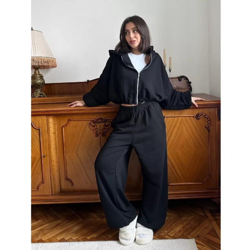 Women's Casual 2-Piece Sports Suit: Solid Color Long-Sleeve Zipper Cardigan with Drawstring Hood + Elastic-Waist Pants