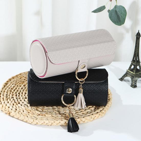 Tiered Travel Jewelry Case Faux Leather Jewelry Storage Roll Box with 3 Compartments Portable Jewelry Organizer for Necklaces Rings Earrings Bracelets