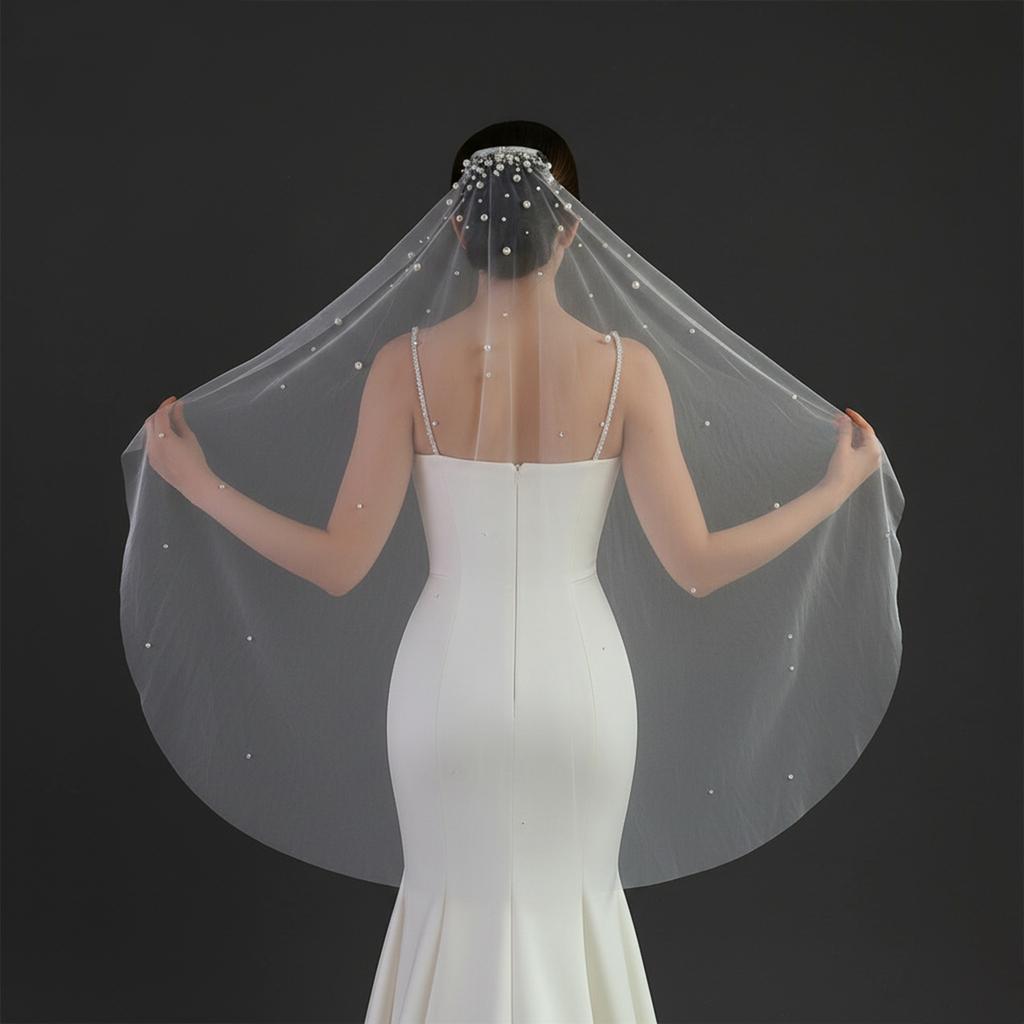 Pearls Crystal Decors Bridal Veils with Hair Comb Seethrough Sheer Single Layer Head Veils for Wedding Event Photography