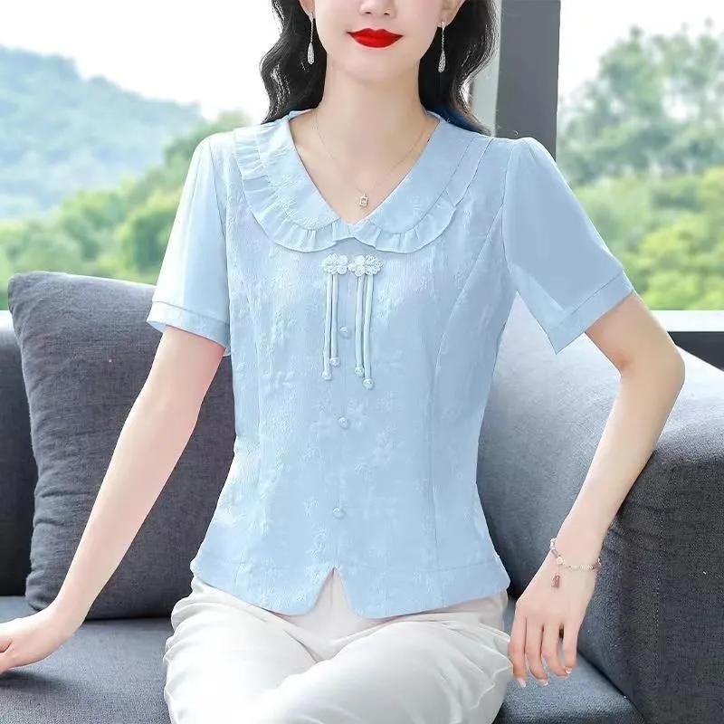Women Pink Ruffle Collar Short Sleeve Blouse With Traditional Knot Buttons