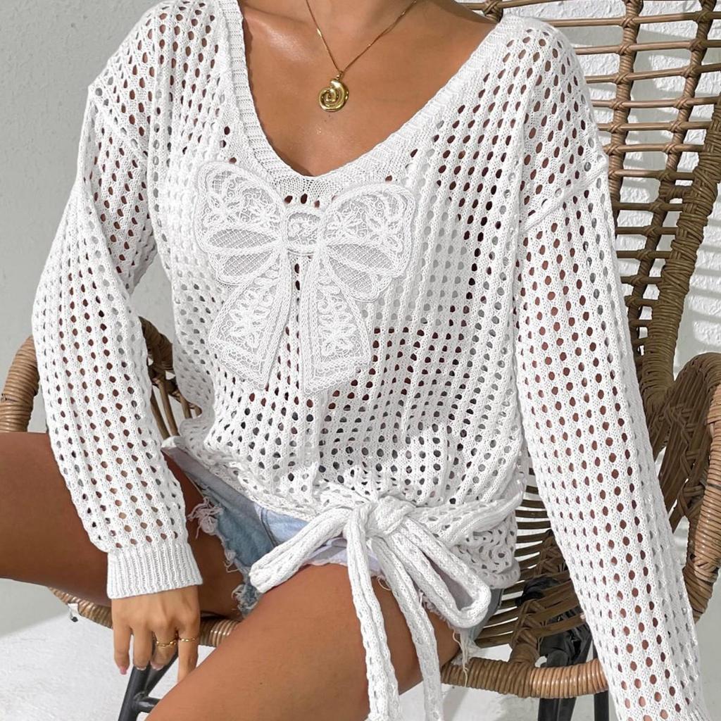 Women's Loose-Fit Knitted Sweater with Butterfly Tie-Up and Hollow-Out Sleeves