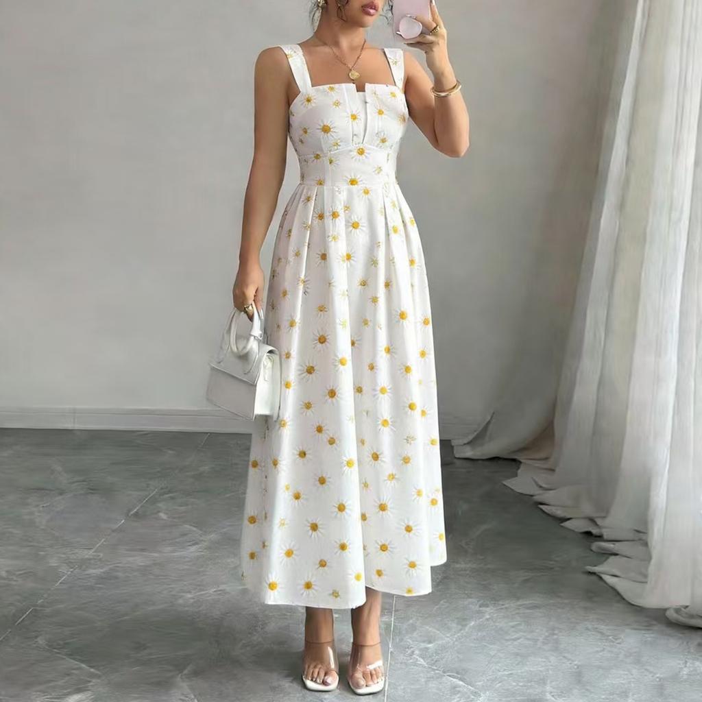 Women Sleeveless Backless Floral Print Maxi Dress with Adjustable Straps and Fitted Waist Summer Casual Sundress