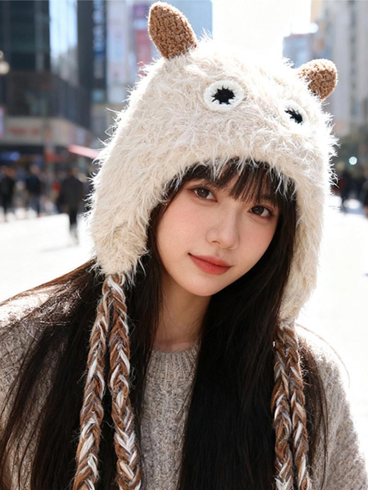 New Women'S Red Blue Plush Hat Winter Warm Cute Cartoon Knitted Earflap Beanie With Braided Tassels For Ladies Hats Casual