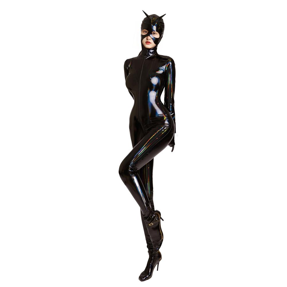 Sexy Women Cosplay Maid Tight Wear Pu Oil Glossy Shiny Elastic Bodysuit Zipper Crotch Rompers Jumpsuits Faux Leather