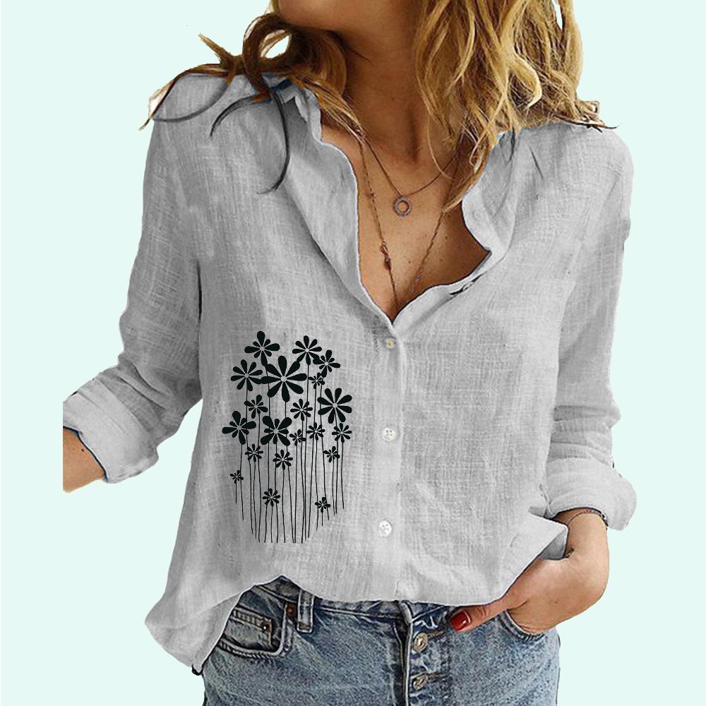 Women Fashion Floral Printed Blouses Female Lapel Neck Cotton Linen Top Casual Loose Buttoned Long Sleeve T-shirt