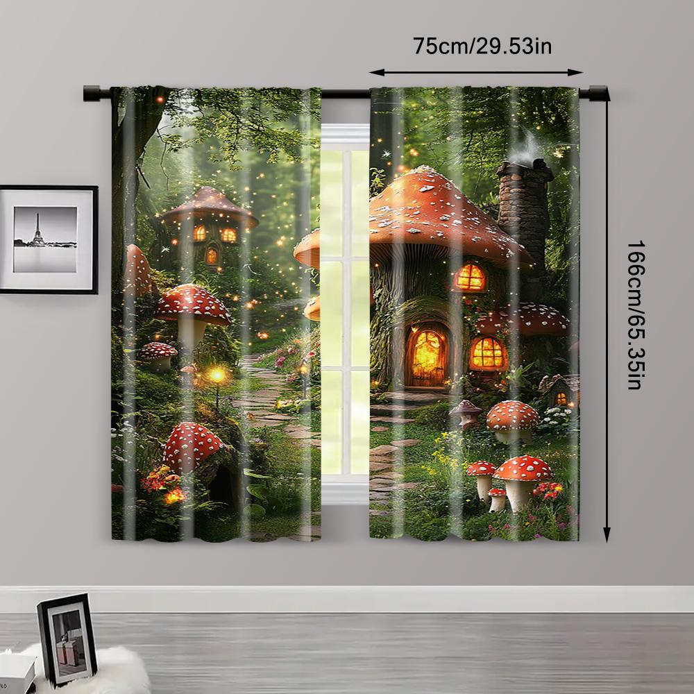2pc, Drapes Forest Mushroom Wonderland Versatile Polyester Fabric,Without Electricity Party Decorations Use for Indoor