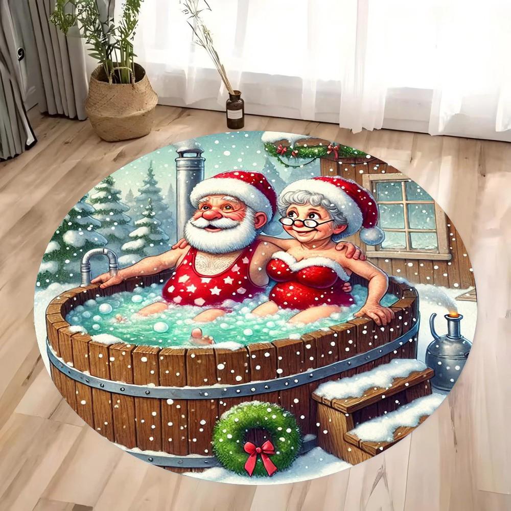 Christmas Gnome and Reindeer Circular Carpet Living Room Bedroom Mat Festive Atmosphere Decorated Christmas Tree Home Rug