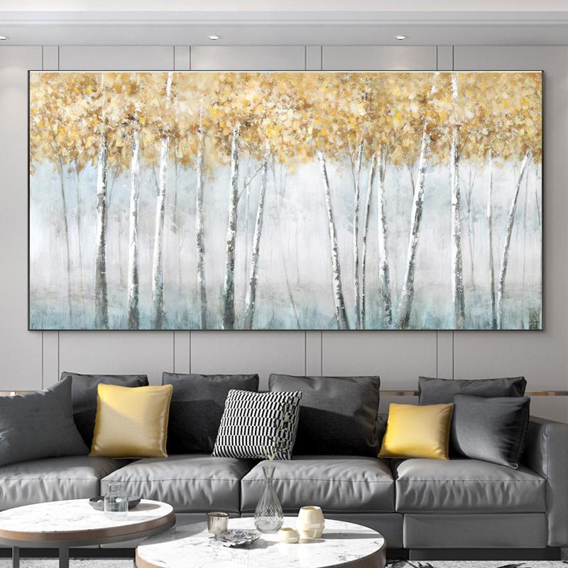 Abstract Leaves Oil Painting Print On Canvas Texture Golden and Silver Trees Wall Art Modern Home Decor Living Room Wall Decor