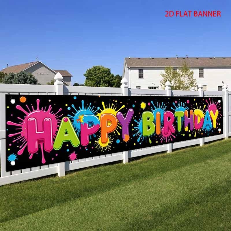 Happy Birthday Fence Banner Ink Splatter Decorate Lively Outdoor Yard Decor