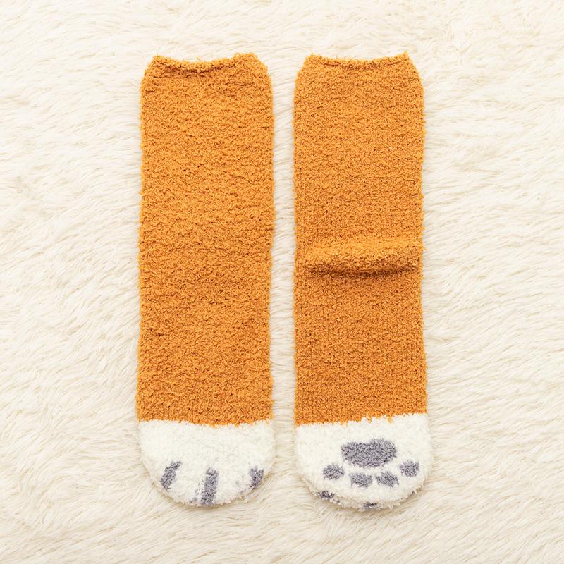 Non-Slip Coral Fleece Cat Paw Mid-Calf Sleep Socks - Women's Warm Cartoon Maternity Socks for Autumn & Winter