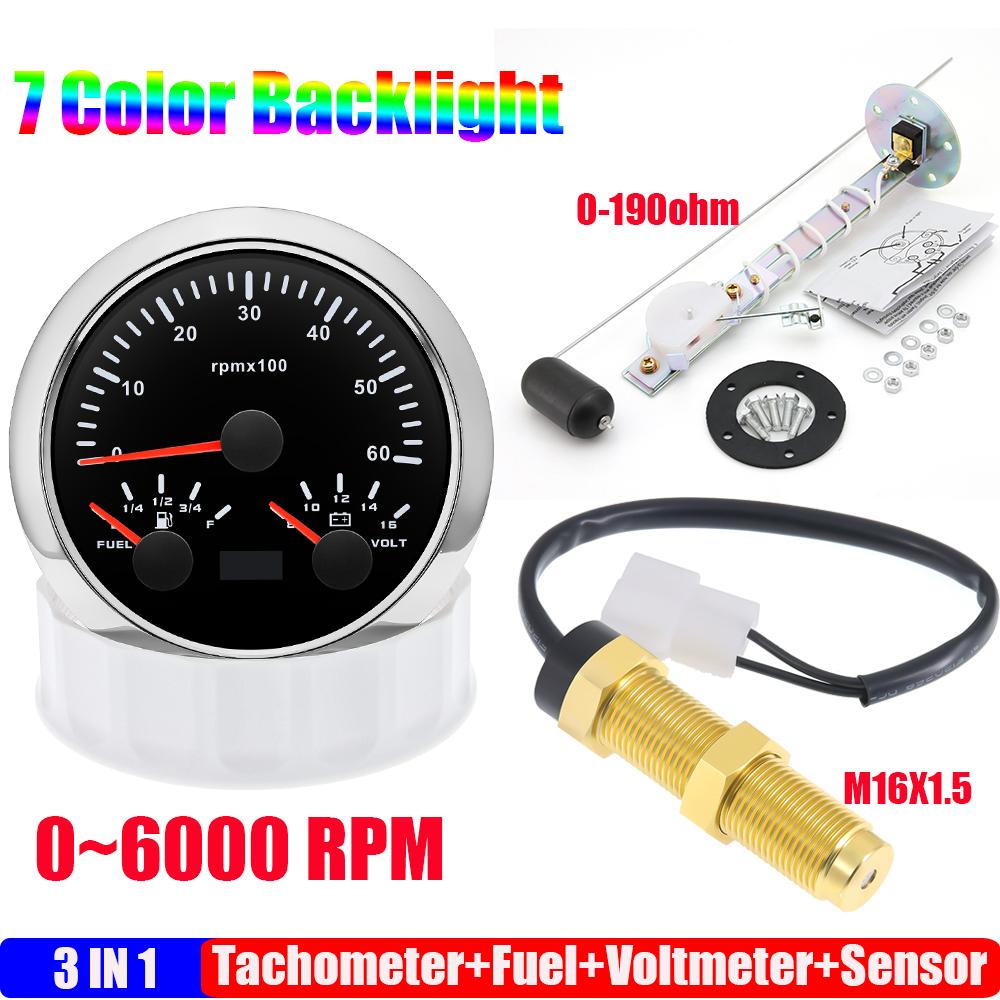 85mm Auto Car Gauge 3-in-1 Tachometer Fuel Level Voltmeter 7 Color Light Multimeter with Sensor 0-190ohm Boat/Yacht 12V