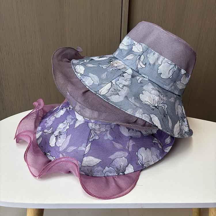 Summer fungus edge elegant large edge mesh yarn hat women's printing sunscreen beach hat foldable travel shade hat