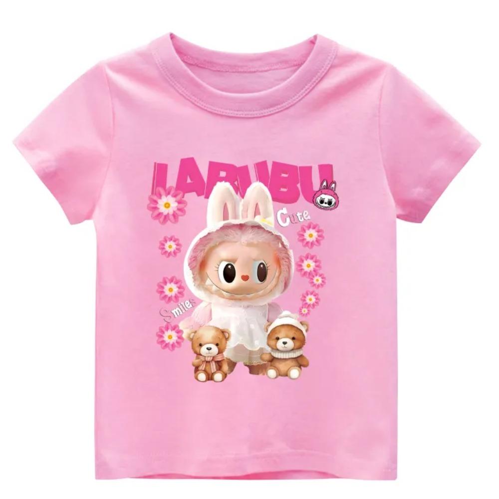 

Новая детская футболка 2025 года с принтом плюшевого мишки и LABUBU, с круглым вырезом, с короткими рукавами, повседневный топ для девочек 100
