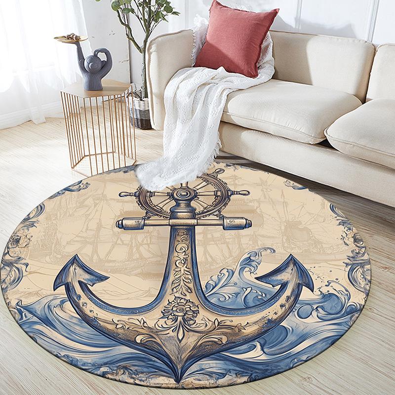 Anchor and Ship's Wheel,Round Area Rug,Carpet Rug for Living Room Bedroom Sofa Playroom Decor,Non-slip Floor Mat