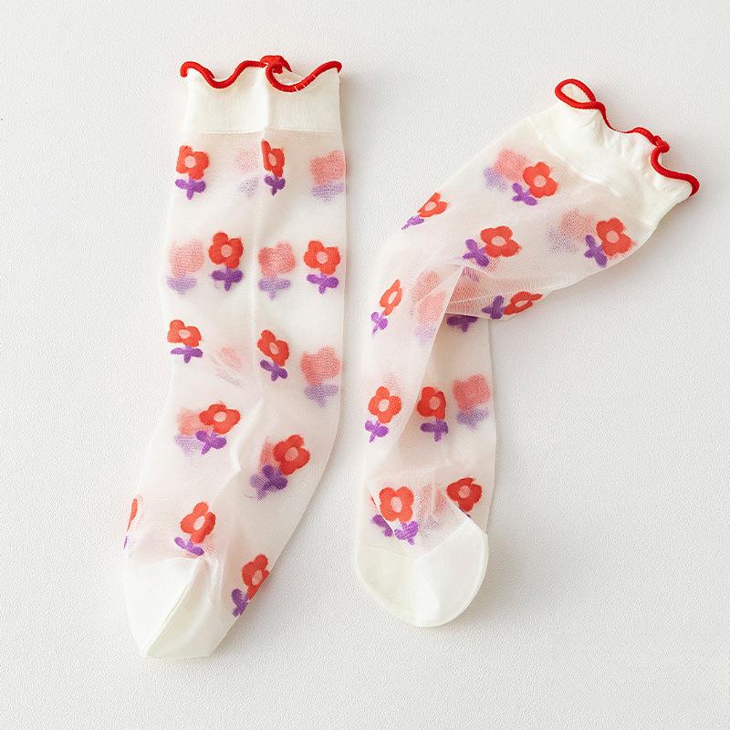 Dünne Strümpfe mit Fruchtdruck und gerollten Kanten für Damen Erdbeere Niedlich Lolita JK Kristallstrümpfe