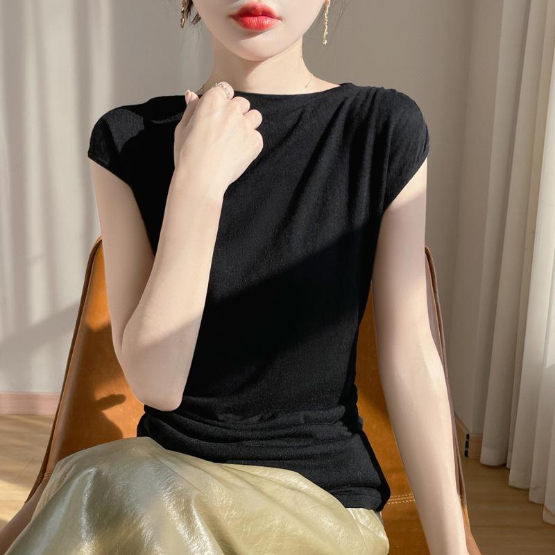 Women's Wool Sleeveless Pullover Qinghe Cashmere 50% Silk 50% Wool Spring and Summer Wool Short Sleeve Soft Comfortable Warm
