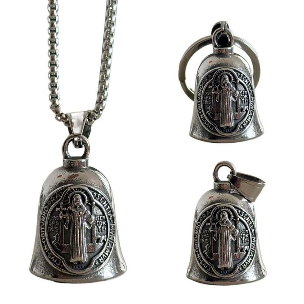 Saint Benedict Motorcycle Guardian Bell Retro Biker Good Luck Charm Religious Cross Key Chain