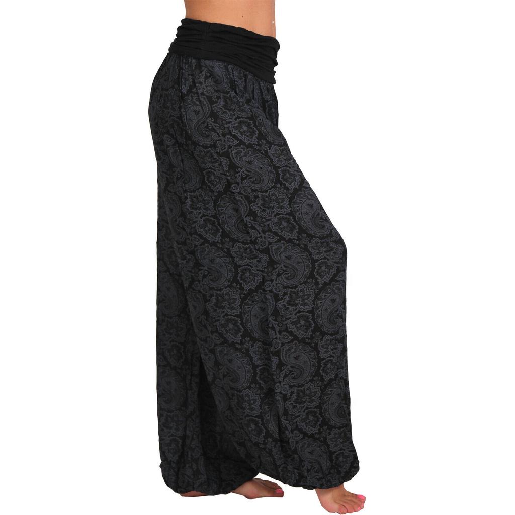 Women Casual Boho Print Pants Wide Leg Pants Loose Pocket Button Pants