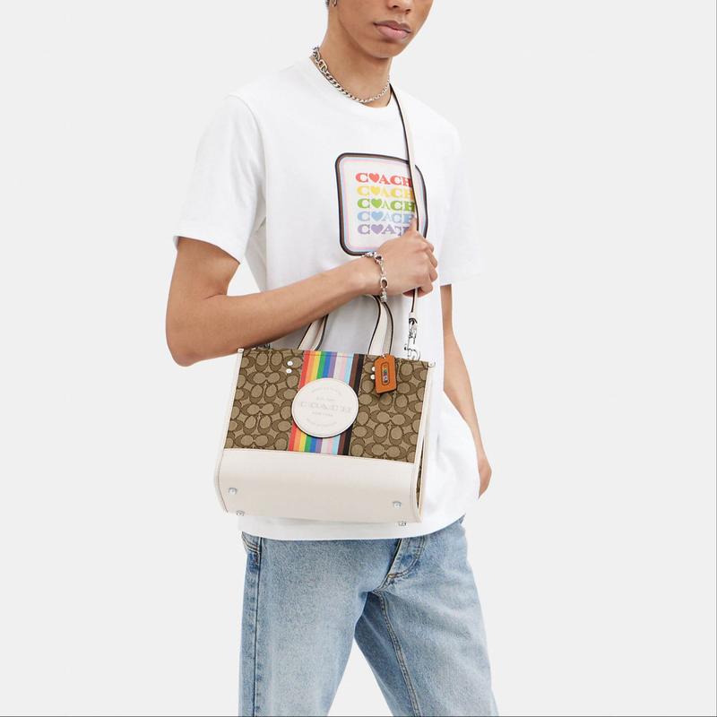 Coach Handbag 29 Logo Patch Rainbow Stripe Classic Presbyopia Fabric with Leather Tote Bag Shopping Bag Tote Bag Shoulder Large Size Women's Brown