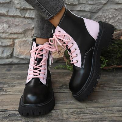 Sweet Pink Bowknot Mix Color Ankle Boots Women 2025 Autumn Thick Bottom Lace Up Boots Candy Punk Metal Decoration Booties Size42