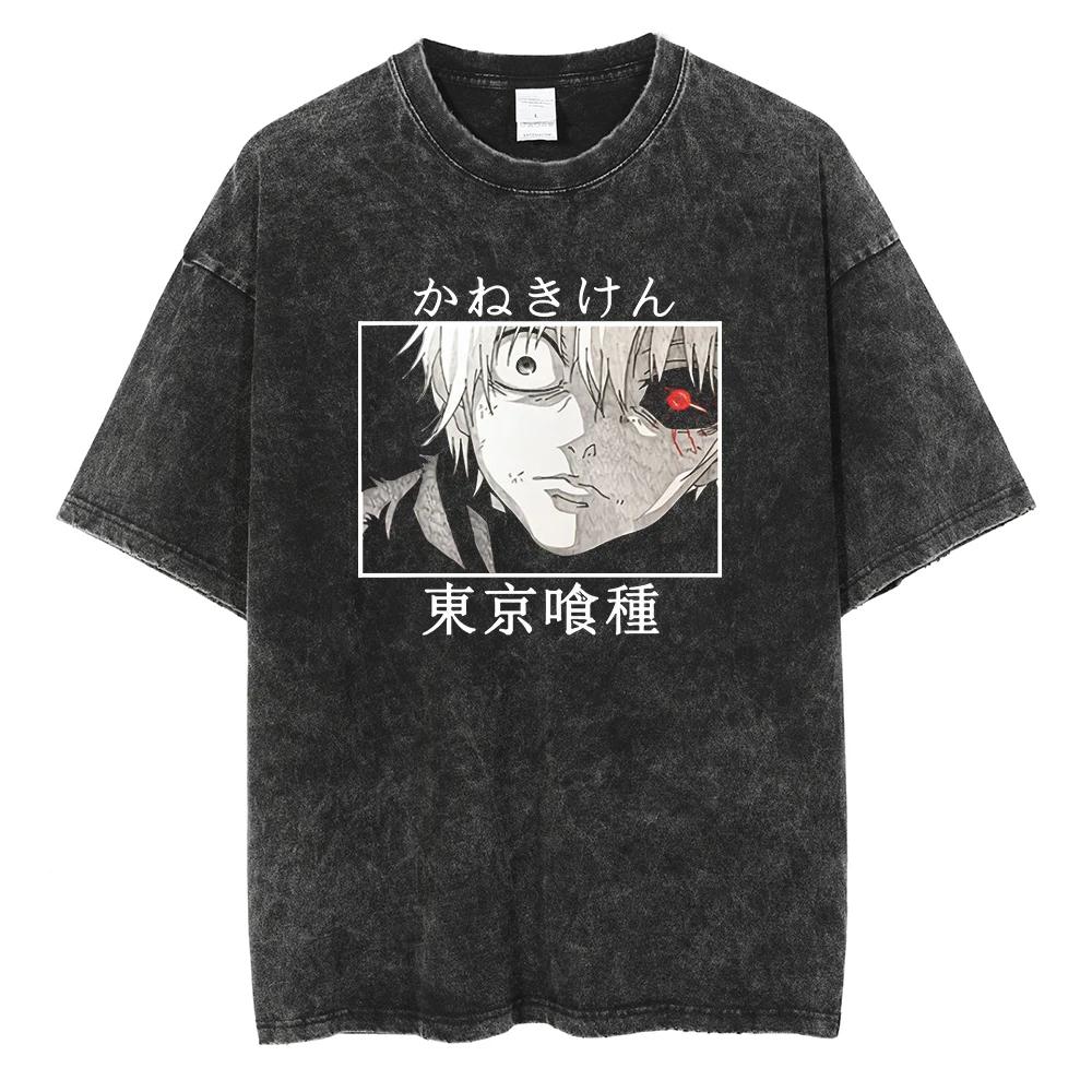 2026 Summer Retro Tokyo Ghoul T-shirt, Kaneki with "Tokyo Ghoul" & "Ken Kaneki" Text Anime Streetwear Washed Tee For Teens