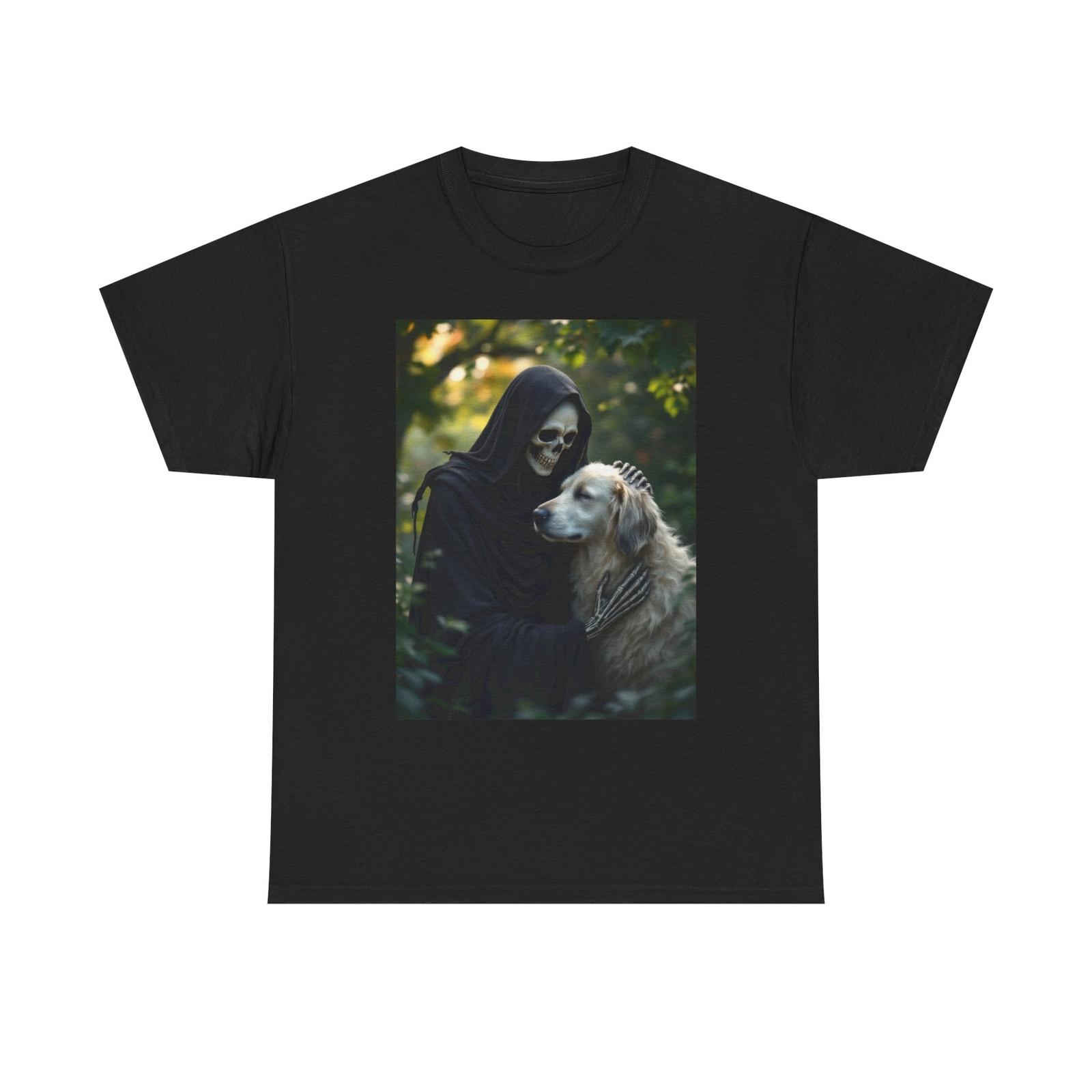 The Grim Reaper Pets His Dog T-Shirt - Funny Spooky Halloween Tee for Dark Humor 4XL