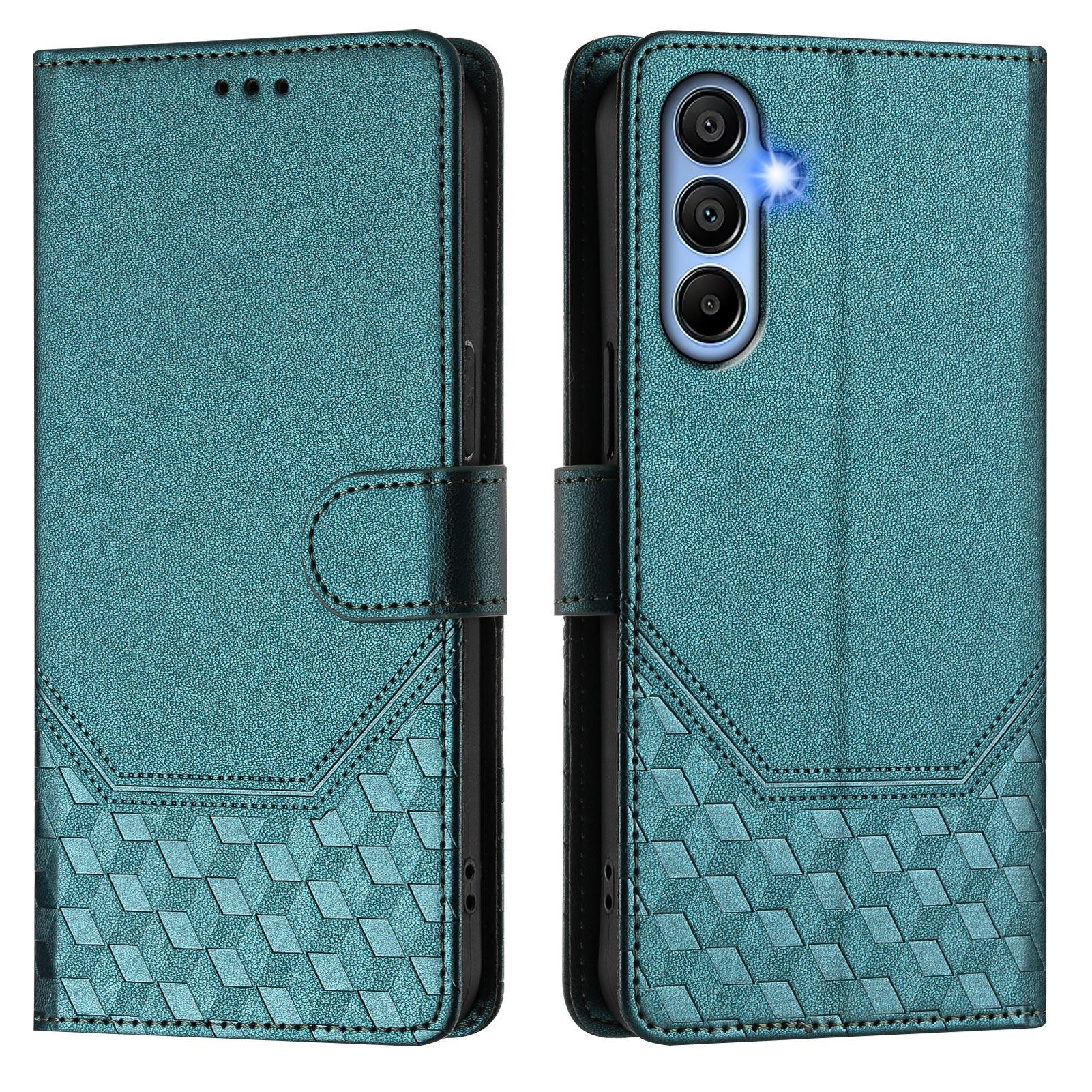 

For Samsung Galaxy A15 5G/Galaxy A15 4G Case Imprinted Honeycomb RFID Blocking Leather Phone Cover with Strap Green
