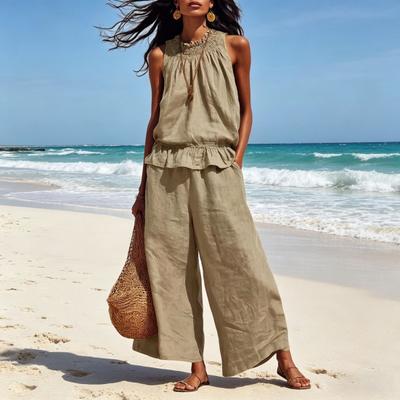 2Pcs/Set Summer Women’s Outfit Western-style Vintage Bohemian Ruffled Cotton-linen Suit Fashion Loose Outfit