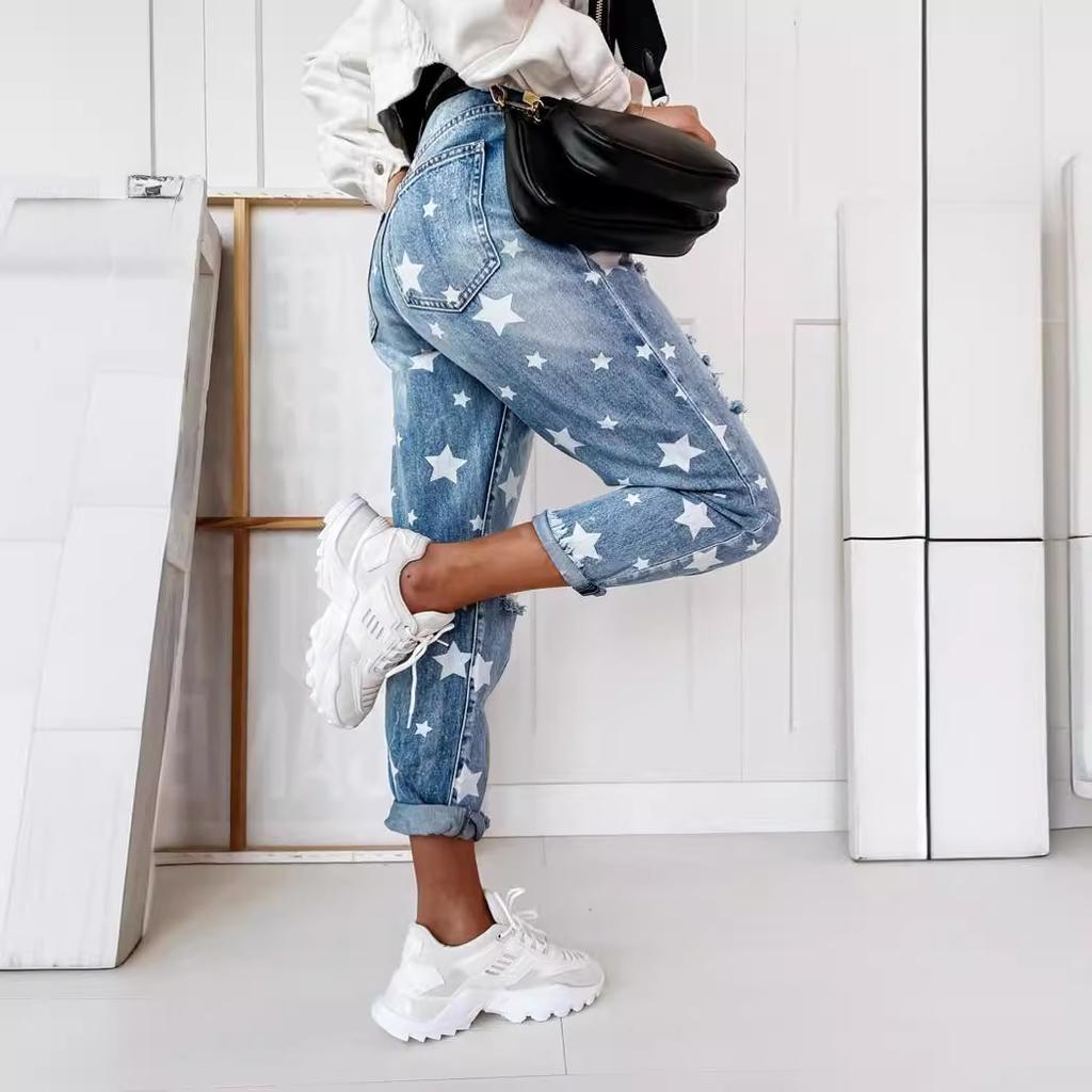 FiveFive Damen Jeans mit hoher Taille, Vintage-Jeans mit Rissen, Stretch-Jeans, lässige, einfarbige Jeanshose