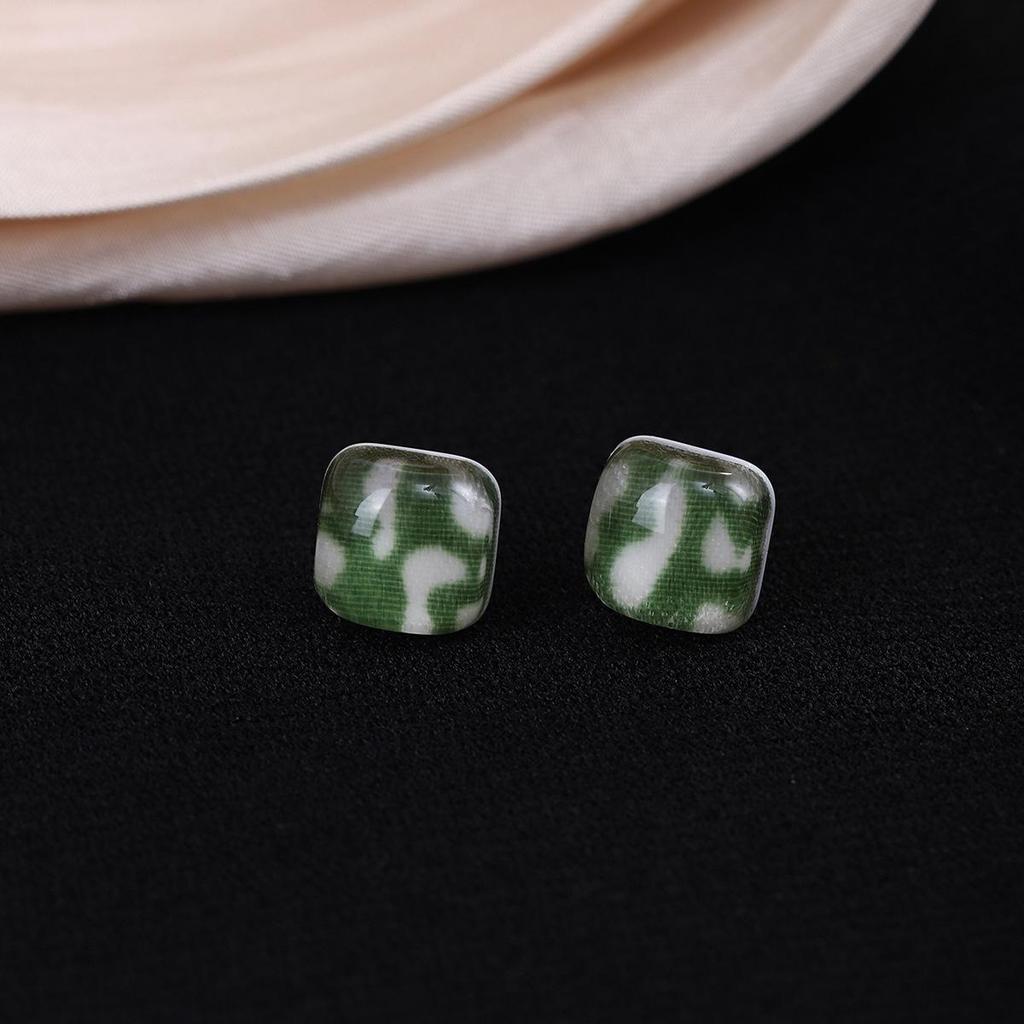 Colorful Square Print Ear Studs - Silver Needle Cute Earrings for Women, Autumn Winter High-End Sweet Luxury