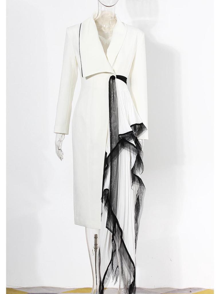 Women's Asymmetrical Pleated Ruffle Mesh Suit Jacket for Spring