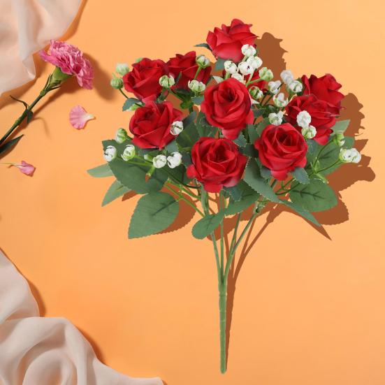 Kytice z umělých růží se zelenými listy stonku Realistické opakovaně použitelné umělé květinové rostliny Domácí dekorace Svatební párty Foto rekvizity