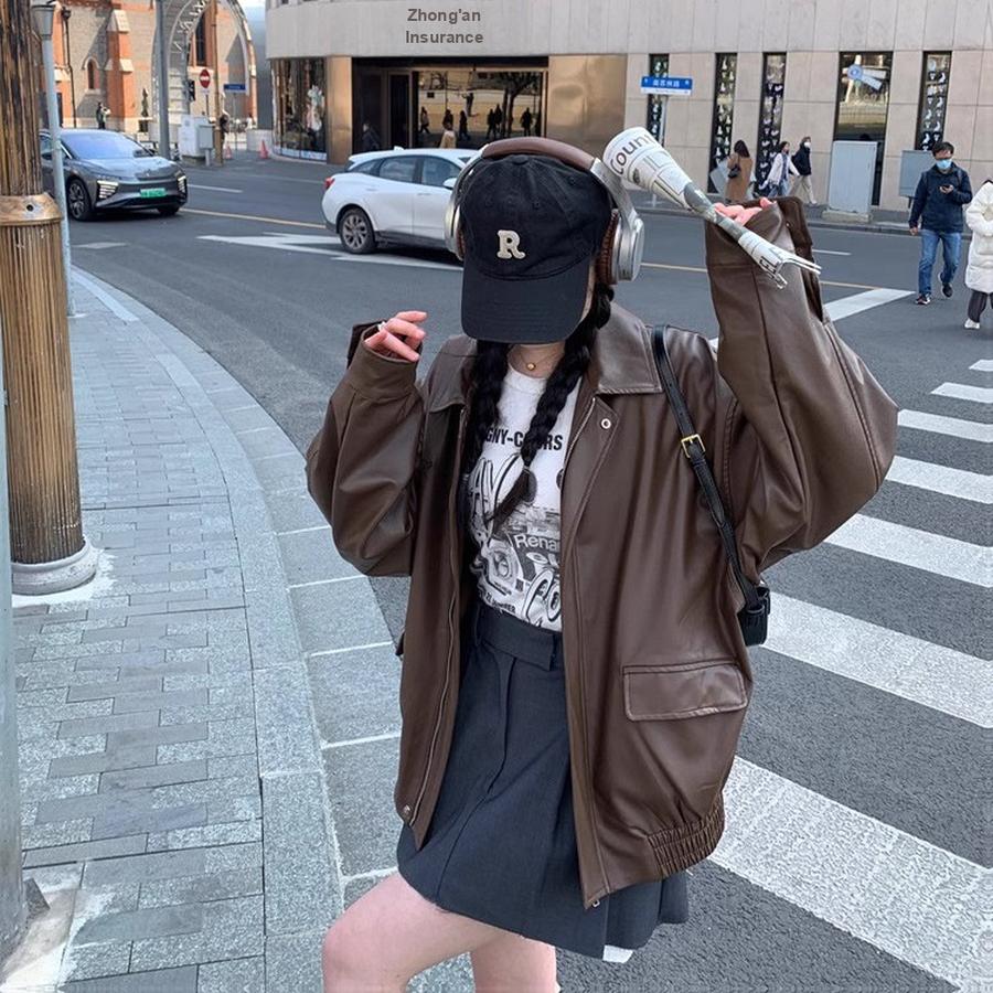 Vintage Brown Leather Jacket Women's Short Coat Autumn Spring Petite Korean Style Loose Leather Blazer Cool Motorcycle Jacket