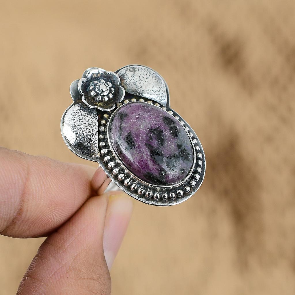 Womens day Sale Sterling Silver Oval Ruby Zoisite Gemstone Flower Wedding Ring
