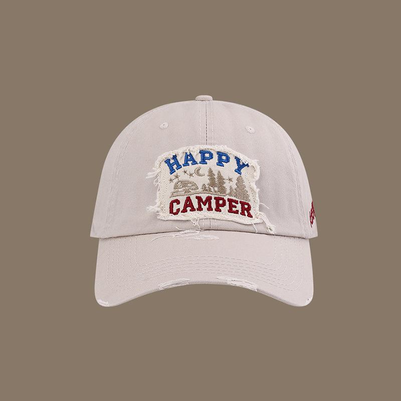 Happy Camper Patchwork Baseball Cap  Adjustable Snapback Lightweight Polyester Distressed Design with Forest  Campfire Graph