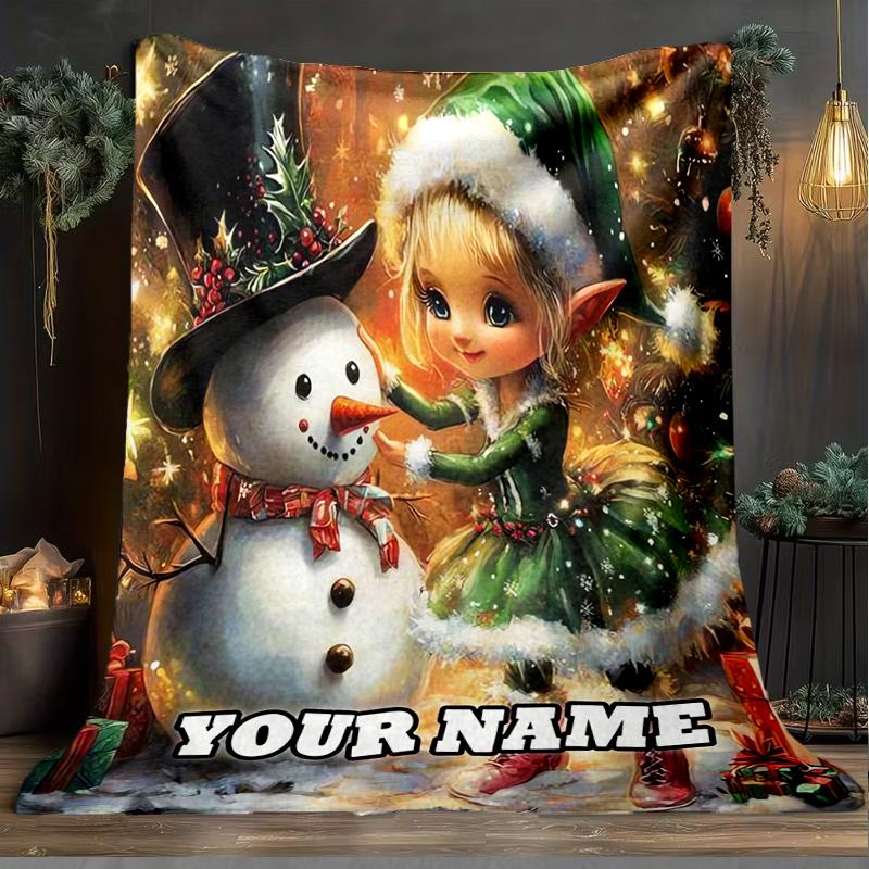 1PC Custom Name Christmas Elf Snowman Outdooor Flannel Blankets Throw Blanket All-Season Throw Gift Bedspread for Couch, Bed, Camping Holiday Birthda