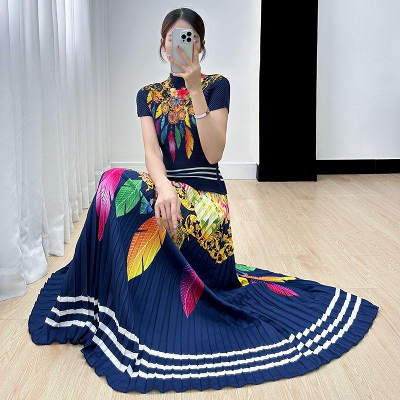 Set retro vara nou top cu maneca scurta+fusta plisata imprimata set din doua piese