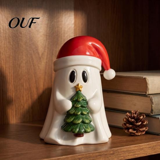 Versatile Holiday Party Supplies Christmas Ghost Resin Figurine, Cute with Santa Hat Holding Gift Box Modern Minimalist Decor & Tree, Tabletop