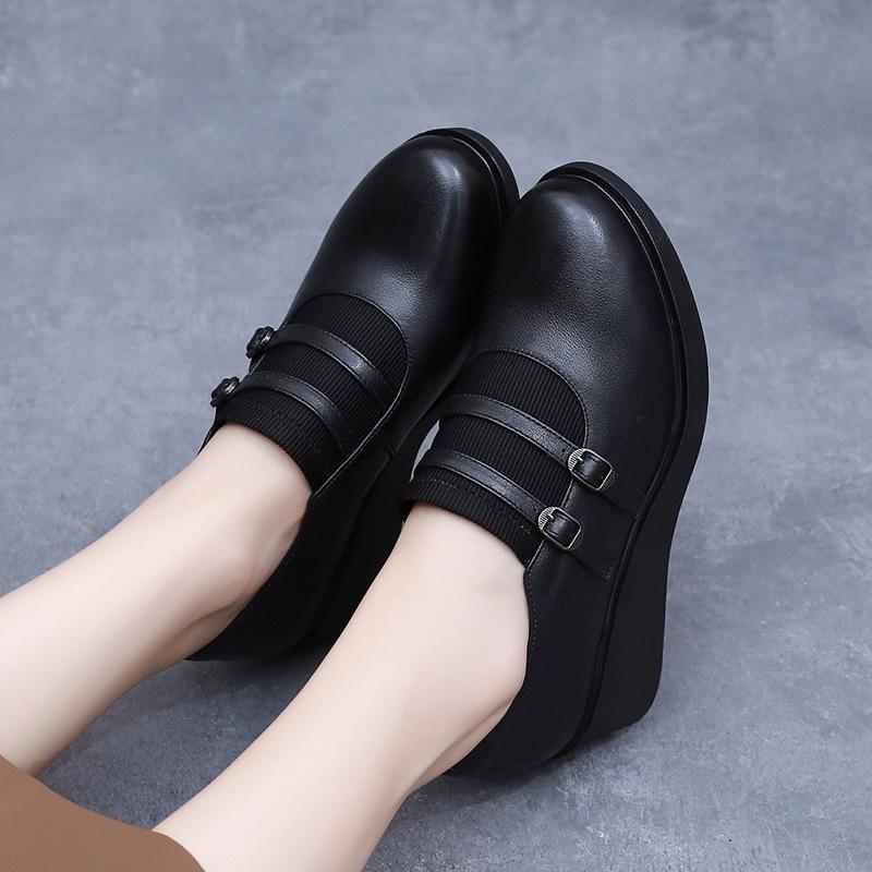 Fashion GKTINOO 2025 Wedges Women Shoe Spring Autumn Slip-On High Heels Round Toe Genuine Leather Casual Ladies Platform Shoes Woman