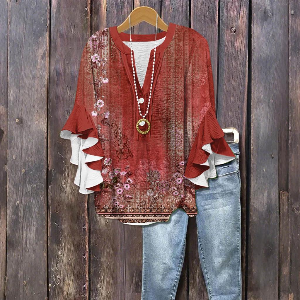 Modă Femei Casual Buton Gât V Mânecă Șapte Bluză Top Imprimeu Vintage
