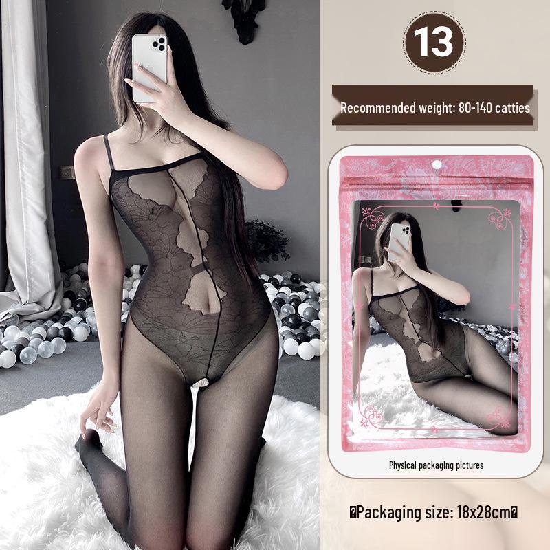 Linlinting Plus Size Sexy See-through Cutout Bodysuit with Open Crotch Stockings Set