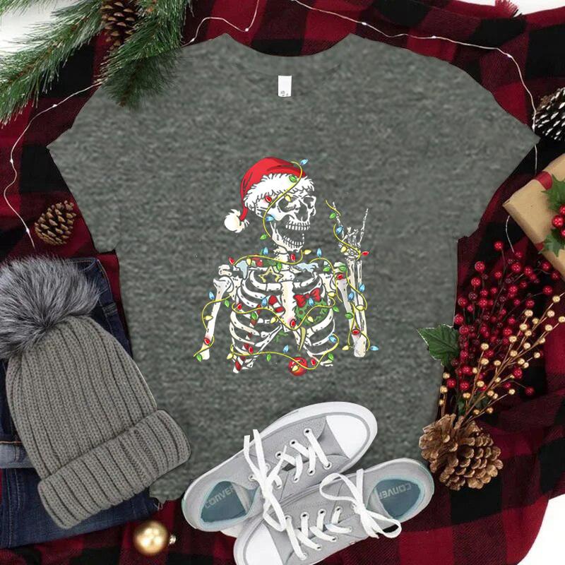 Christmas Santa Skull T Shirt Streetwear Unisexs Clothing Trendy Short Sleeve ONeck Tee Top Christmas Lights Skeleton Street Tees